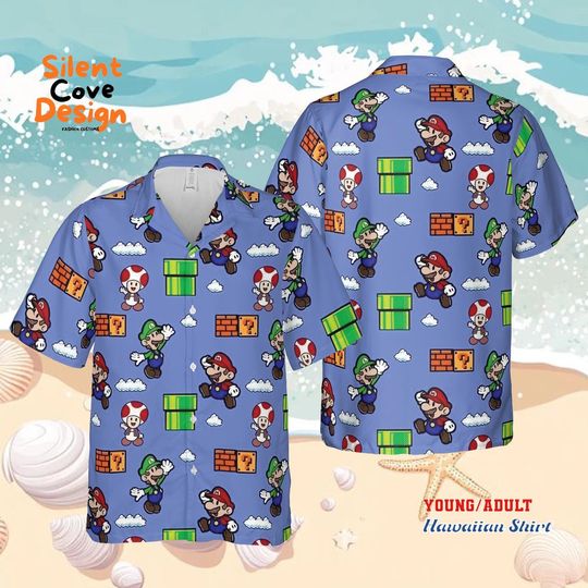 Discover Super Mario Blue Hawaiian Shirt  Cartoon Game Summer Beach Shirt for Men Women