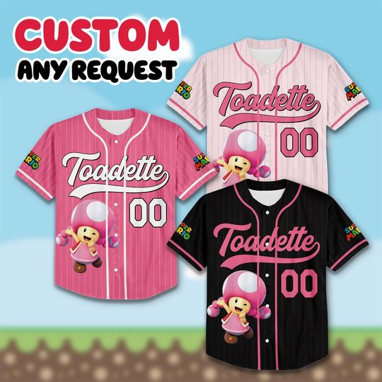 Discover Custom Toadette Baseball Jersey, Personalized Gamer Shirt, Pink Video Game Outfit