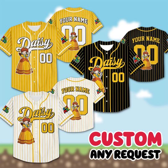 Custom Princess Daisy Baseball Jersey, Personalized Super Mario Princess Shirt, Daisy Character Pinstripe Jersey