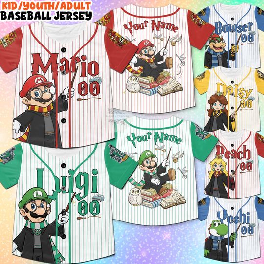 Discover Personalized Super Mario Baseball Jersey, Mario Peach Yoshi Gryff Costume Witch Shirt, Birthday Baseball Jersey, Epic Universe Family Trip