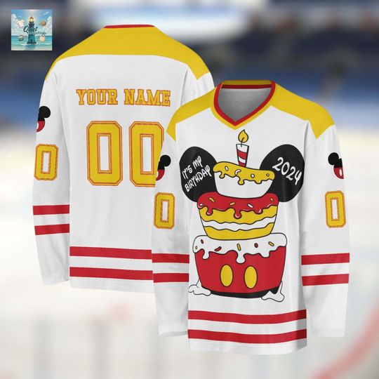 Custom Birthday Cake Hockey Jersey, Personalized Disney Birthday Shirt, Mickey Minnie Donald Goofy Birthday Trip Jerse