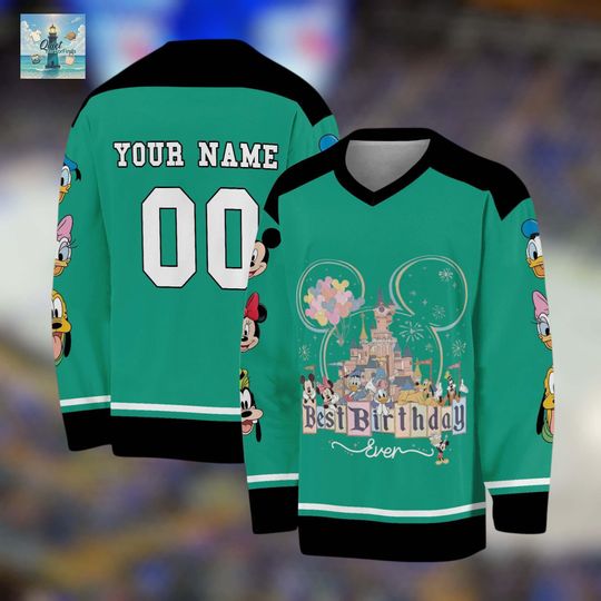 Discover Custom Disney Birthday Hockey Jersey, Teal Mickey and Friends Birthday Shirt,Personalized Disney Castle Birthday Gift,Family Vacation Jersey