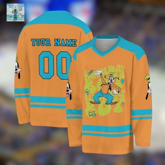 Discover Custom Goofy Birthday Hockey Jersey, Personalized Goofy Birthday Boy Shirt, Orange Disney Character Jersey, Disney Family Trip Apparel