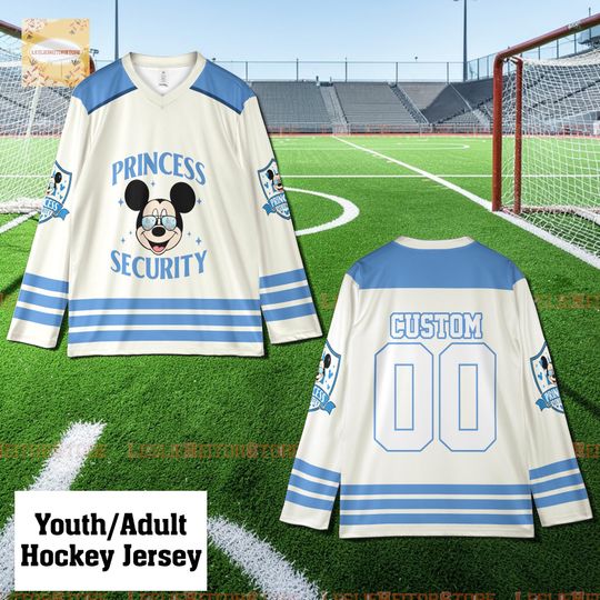 Discover Princess Security Mouse Hockey Jersey, Cute Cartoon Ice Hockey Jersey, Custom Name Number, Family Trip Shirt, Funny Princess Bodyguard Gift
