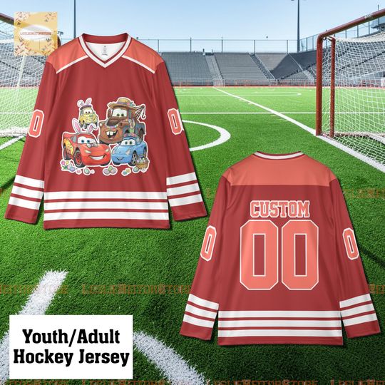 Cars Easter Hockey Jersey, Cartoon Cars Ice Hockey Jersey, Custom Name Number Jersey, Kids Easter Shirt, Lightning McQueen Hockey Gift