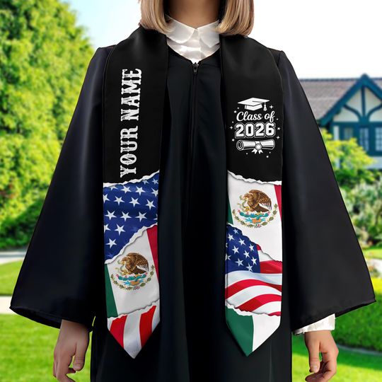 Personalized Mexican American Flag Graduation Stole, Class of 2026 Mexican Stole, Mexican Graduation, Graduate Gift