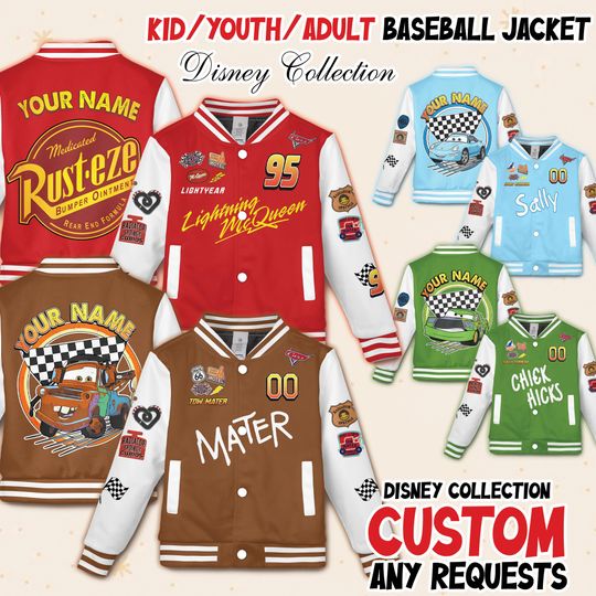 Discover Custom Disney Cars Characters Collection Kids Youth Baseball Varsity Jacket, Cars Adult Varsity Baseball Jacket, Lightning MCqueen Jacket