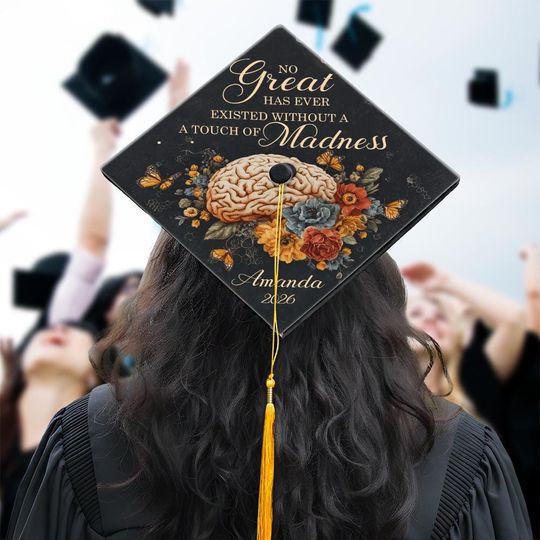 Floral Brain Graduation Cap Topper, Psychology Grad Cap Decor, No Greatness Without Madness Quote, Science Graduation Gift