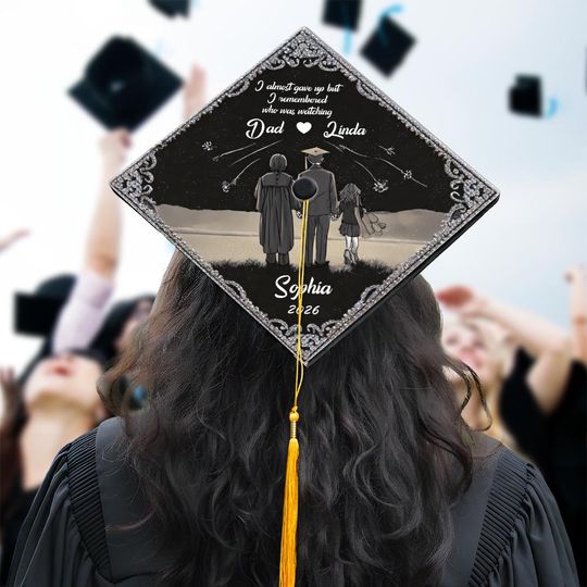 Personalized Family Tribute Graduation Cap Topper, Thank You Mom and Dad Grad Cap Decor, I Remembered Who Was Watching