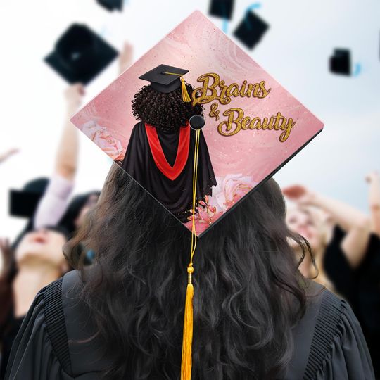 Brains & Beauty African American Graduation Cap Topper, Black Girl Grad Cap Decoration, Black Queen Grad Gift