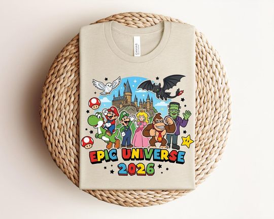 Discover Universal Epic Universe 2026 Characters Shirt, Mario Yoshi Donkey Kong Tee, Orlando Theme Park Trip Outfit