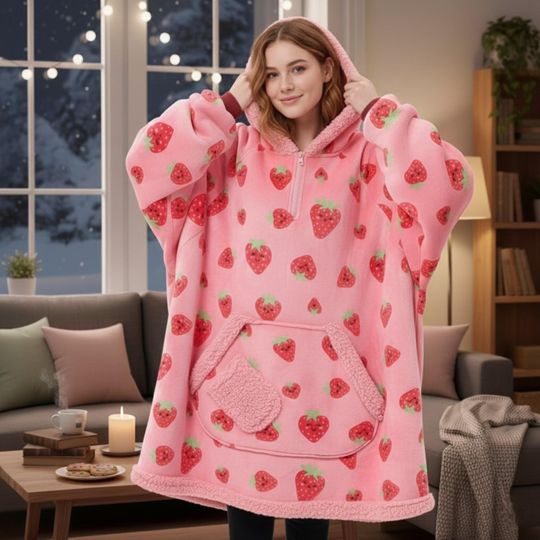 Discover Cozy Strawberry Sherpa Blanket Hoodie, Wearable Snuggie with Hood, Soft Fleece Loungewear for Adults and Kids