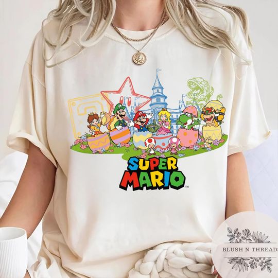 Discover Super Mario Easter Shirt 2026, Mario Peach Yoshi Easter Eggs Tee, Epic Universe Family Group Shirt, Mario Rabbit