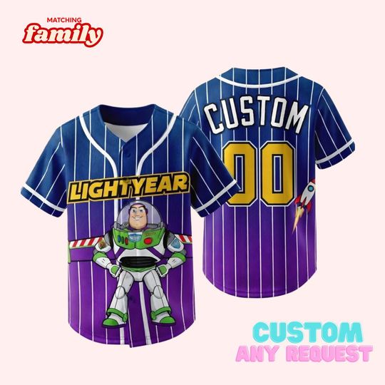 Discover Disney Lightyear Striped White Jersey, Custom Disneyland Baseball Team, Mickey Mouse Birthday, Gift for Disney Fans
