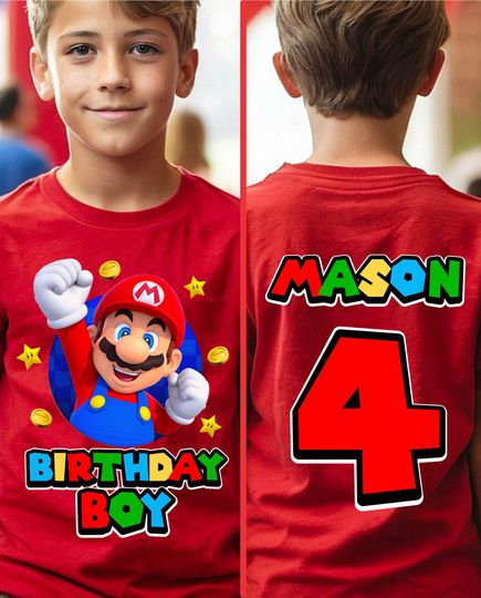 Discover Personalized Super Mario Family Birthday Shirt, Super Mario Family Shirts, Birthday Party Shirt, Custom Front and Back Short Sleeve.