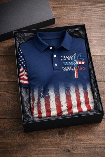 Discover Christian Patriotic Golf Polo Shirt Featuring American Flag and Cross Design