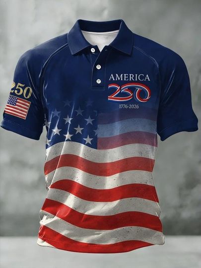 Discover American 250th Anniversary Polo Shirt USA Flag Patriotic 1776-2026 Independence Day Eagle