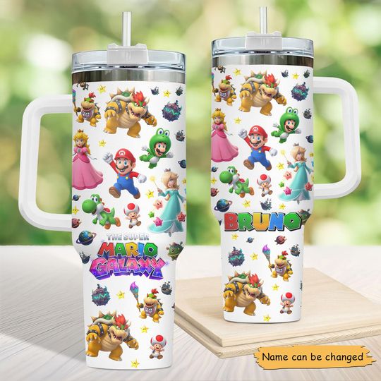 Personalized Super Mario Galaxy Tumbler for Fan, Custom Super Mario Bros Cup, Super Mario World Travel Tumbler with Handle, Gamer Gift
