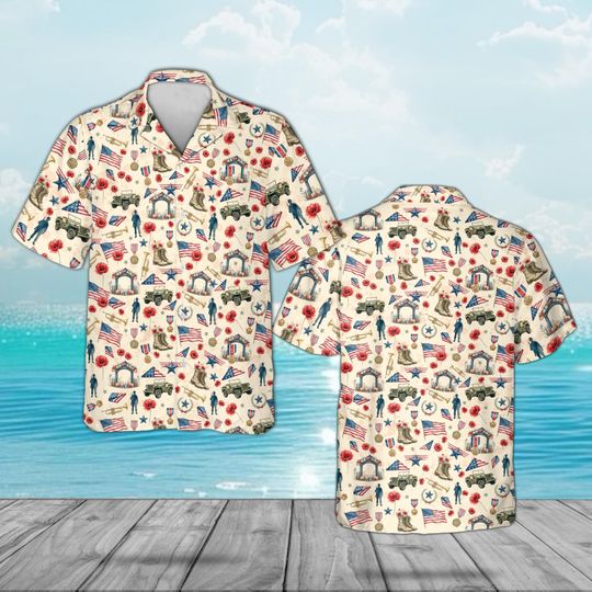 Discover Vintage Military Hawaiian Shirt with Poppy & American Flag Icons