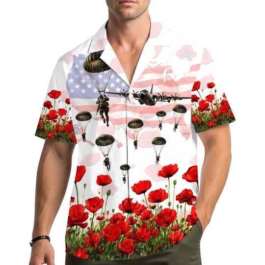 Discover Patriotic Paratrooper Hawaiian Shirt Men Women Youth American Flag Poppy Aloha Shirt Button Down Military Tribute