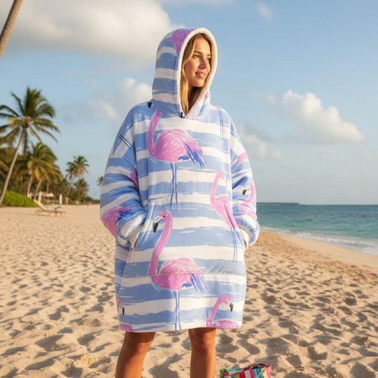 Discover Pink Flamingo Stripe Blanket Hoodie | Beachy Cozy Throw
