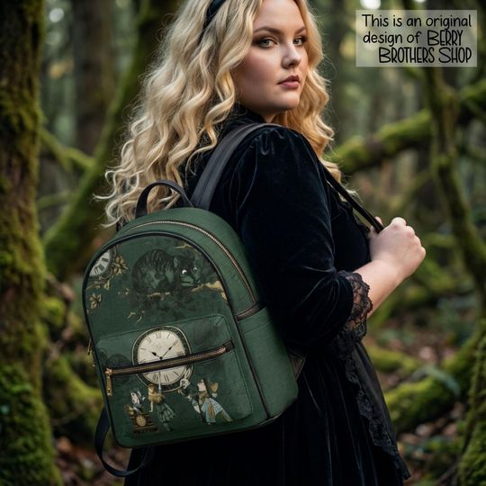 Discover Alice in Wonderland Backpack: Faux Leather Shoulder Bag with Timepiece Design