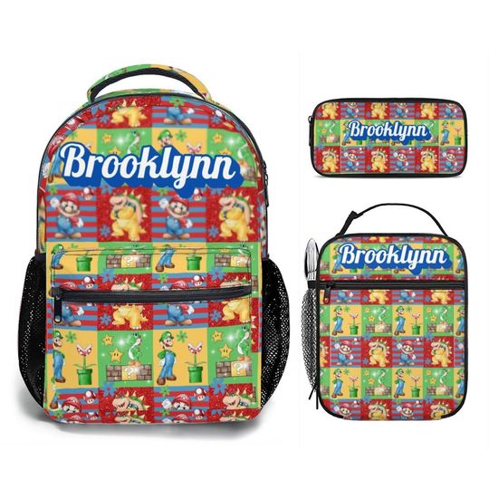 Discover Personalized Super Mario Backpack Bundle, Custom Name Mario Backpack 17in Set with Matching Lunch Bag, Mario Galaxy Gift