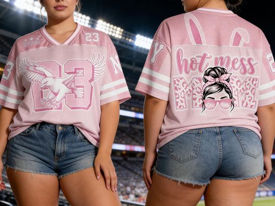 Custom Hot Mess Mom Mesh Football Jersey with Personalized Number and Pink Bunny Leopard Design