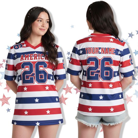 Discover Personalized 4th of July Football Team Jersey with USA Flag Colors, Patriotic Game Day Jersey for Football Fans