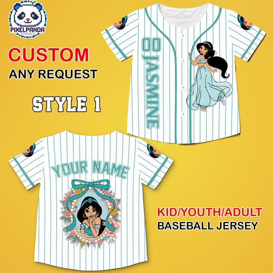 Discover Disney Princess Jasmine Baseball Jersey Custom Name Number, Aladdin Shirt Kids Youth Adult Matching Outfit