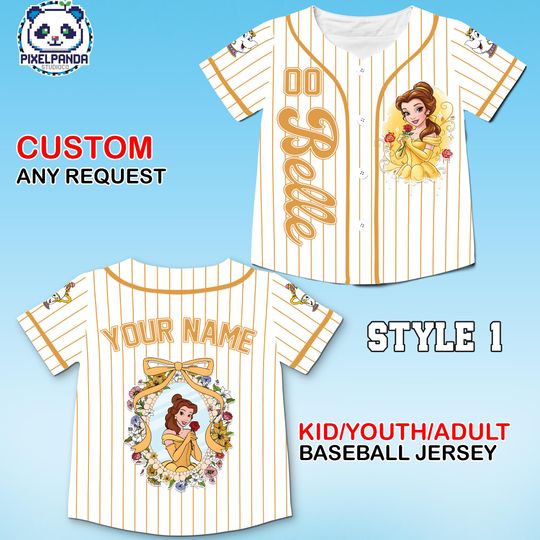 Discover Disney Princess Belle Beauty and the Beast Baseball Jersey Custom Name Number, Kids Youth Adult Belle Shirt