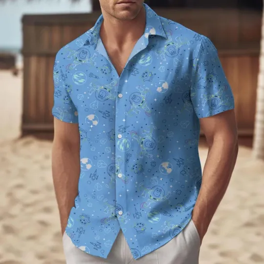 Discover Disney Toy Story Cute Buzz Lightyear Alien Drawing Art Blue Hawaiian Shirt