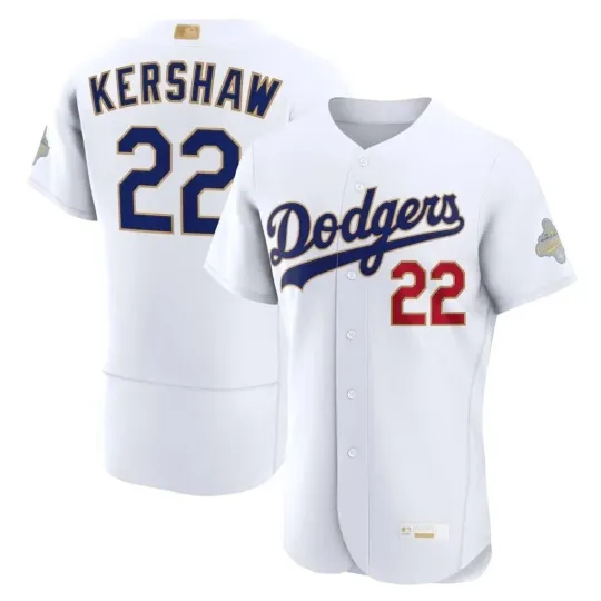 Discover Clayton Kershaw Dodgerss Men's White 2026 Gold Collection Printed Jersey