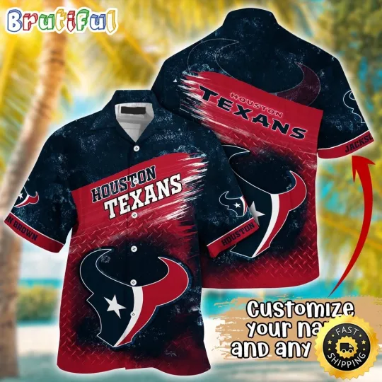 Discover Customized Houston Texans Metal Pattern Aloha Hawaiian Shirt