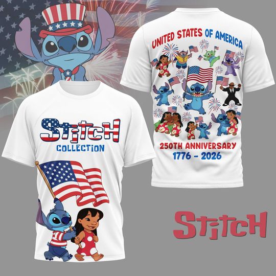Discover Disney Stitch 4th of July 3D Shirt, Lilo & Stitch Patriotic Ohana Family Tee, America Anniversary Fireworks 1776-2026 Shirt