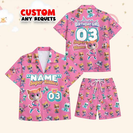 Discover Birthday Girl Outfit Super Kitties Hawaiian Shirt Set Custom Name Age Cartoon Cat Shirt And Shorts Kids Personalized