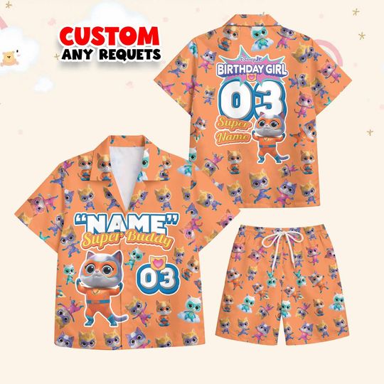 Discover Birthday Girl Outfit SuperKitties Hawaiian Shirt And Shorts Set Buddy Cartoon Cat Custom Name Age Kids Summer Party Outfit