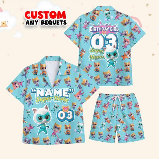 Discover Kids Summer Outfit SuperKitties Hawaiian Shirt And Shorts Set Bisty Cartoon Cat Custom Name Age Girl Matching Clothes