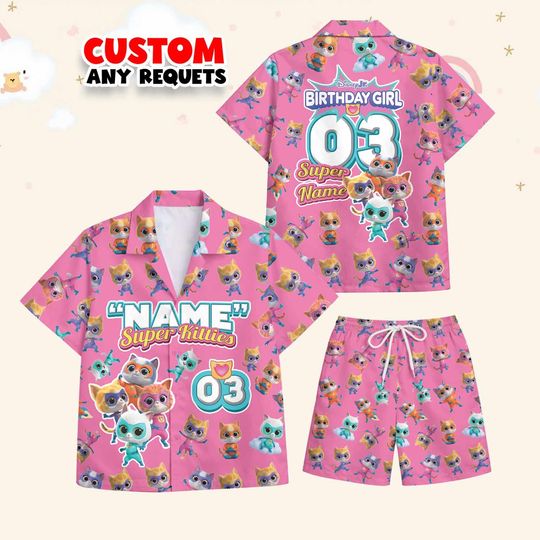 Discover Girls Birthday Outfit SuperKitties Hawaiian Shirt And Shorts Set Cartoon Cats Custom Name Age Kids Beach Cruise Matching Set