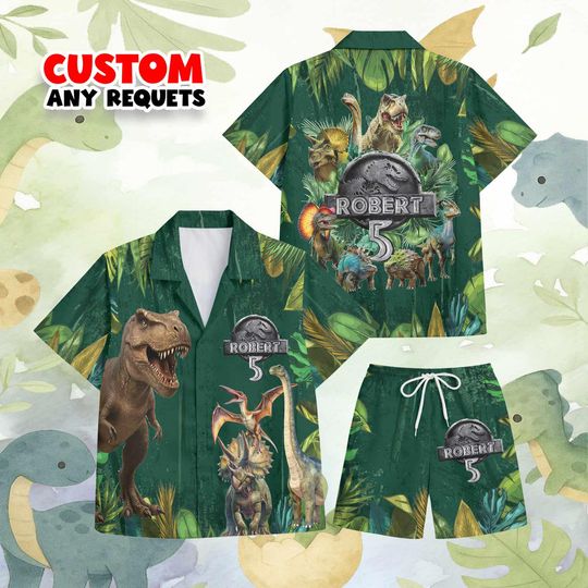 Discover Dinosaur Birthday Outfit Kids Hawaiian Shirt Set Custom Name Age Boy Jurassic Theme Personalized Shirt And Shorts Gift