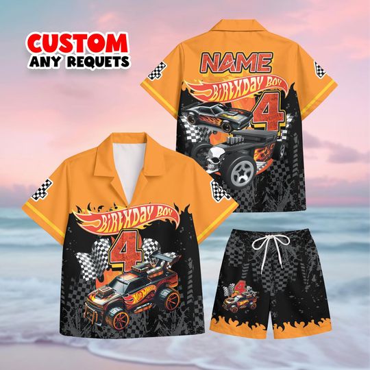 Discover Race Car Birthday Outfit Boy Hawaiian Shirt And Shorts Set Custom Name Age Racing Car Kids Personalized Birthday Gift