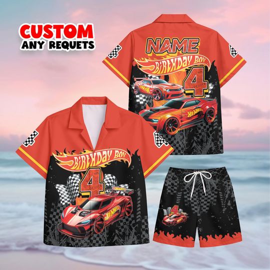 Discover Hot Wheels Style Red Race Car Birthday Outfit Boy Hawaiian Shirt And Shorts Set Custom Name Age Kids Gift