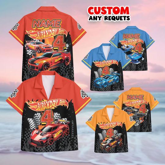 Discover Hot Wheels Style Birthday Outfit Boy Hawaiian Shirt And Shorts Set Custom Name Age Race Car Kids Multiple Colors Gift