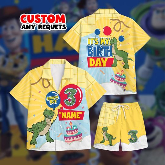 Discover Custom Name Toy Story Hawaiian Shirt Set Rex Dinosaur Birthday Boy Outfit Shirt And Shorts Personalized Age Kids Outfit