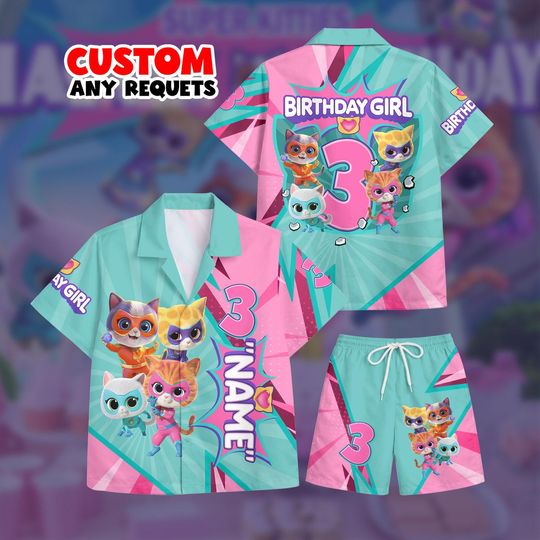 Discover Birthday Girl Outfit Super Kitties Hawaiian Shirt Set Custom Name Age Cartoon Cat Shirt And Shorts Kids Personalized