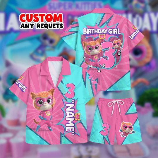 Discover Girl Outfit Super Kitties Hawaiian Shirt Set Custom Name Age Cartoon Cat Birthday Shirt And Shorts Kids Personalized Outfit