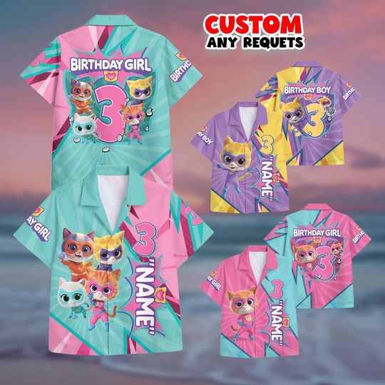 Super Kitties Birthday Outfit Hawaiian Shirt Set Custom Name Age 3 Cartoon Cat Shirt And Shorts Kids Matching Set Personalized