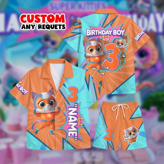Discover Birthday Boy Outfit Super Kitties Hawaiian Shirt Set Custom Name Age Cartoon Cat Shirt And Shorts Kids Birthday Gift