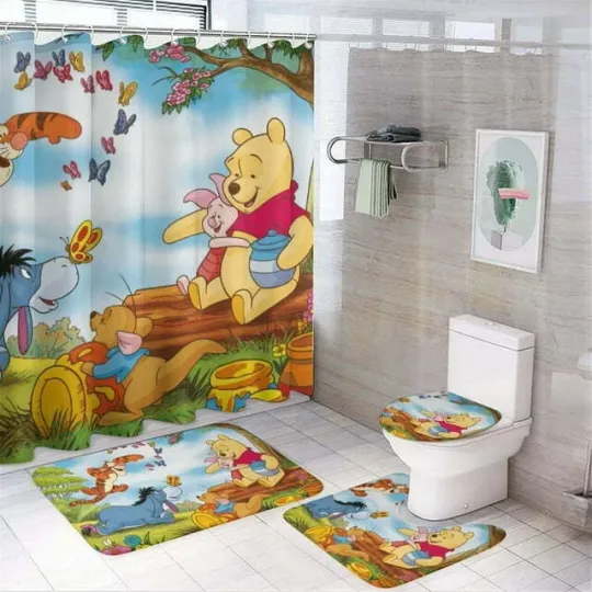 Discover Pooh Cartoon Shower Curtain Set, Pooh Cartoon Toilet Seat Cover Set