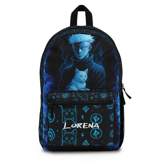 Discover Blue Cat Anime Backpack Gojo Inspired Cute Bag for JJK Fans, Cosplayers & Teens | Kawaii Black Sky Blue Gift for Anime Lovers back to school